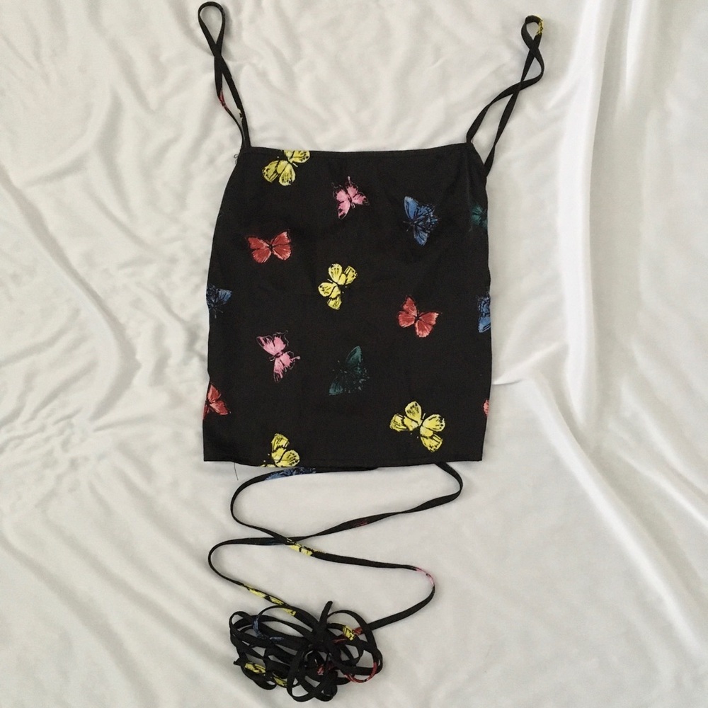 Black butterfly crop top with multicolored butterflies and tie back